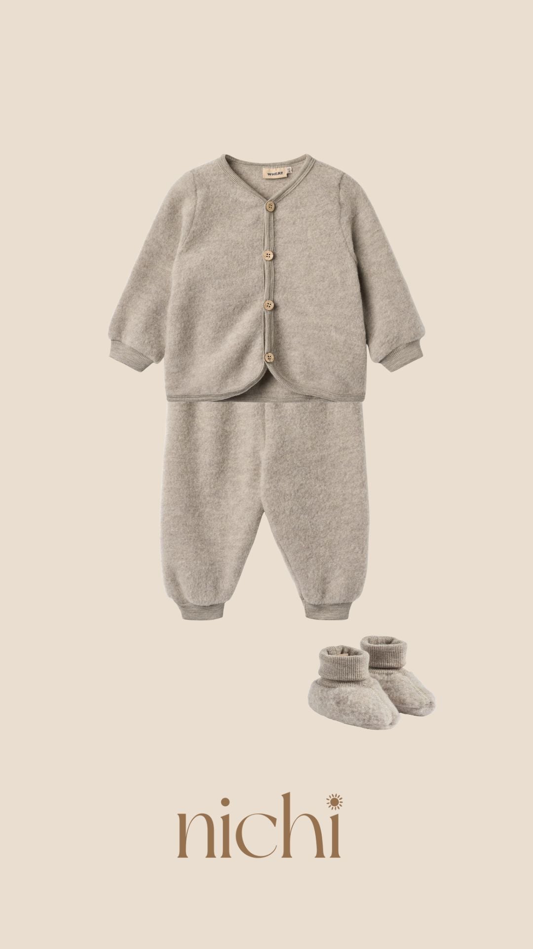 wheat wollen set vest en broek taupe
