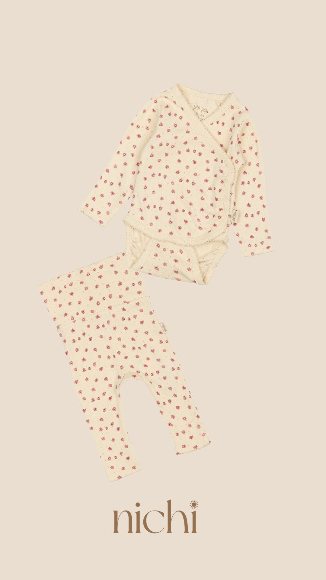 petit piao newborn set romper en legging bloem
