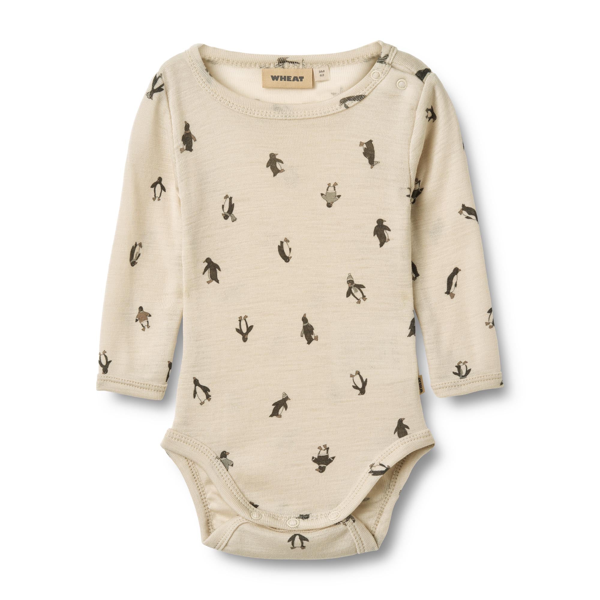 Wheat wollen romper lange mouwen pinguïn
