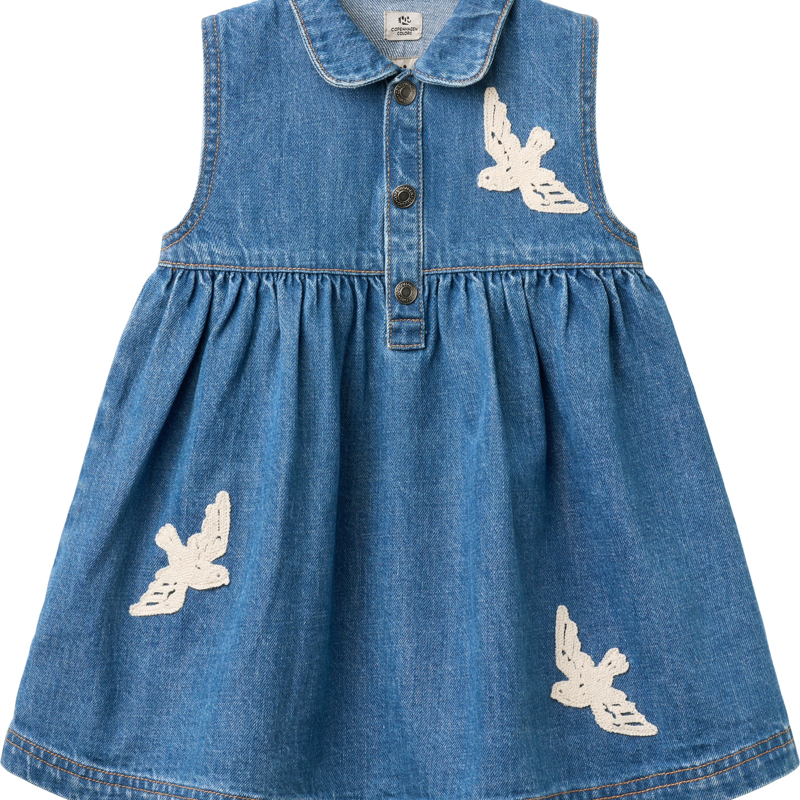 Copenhagen Colors Denim dress blue with crochet doves