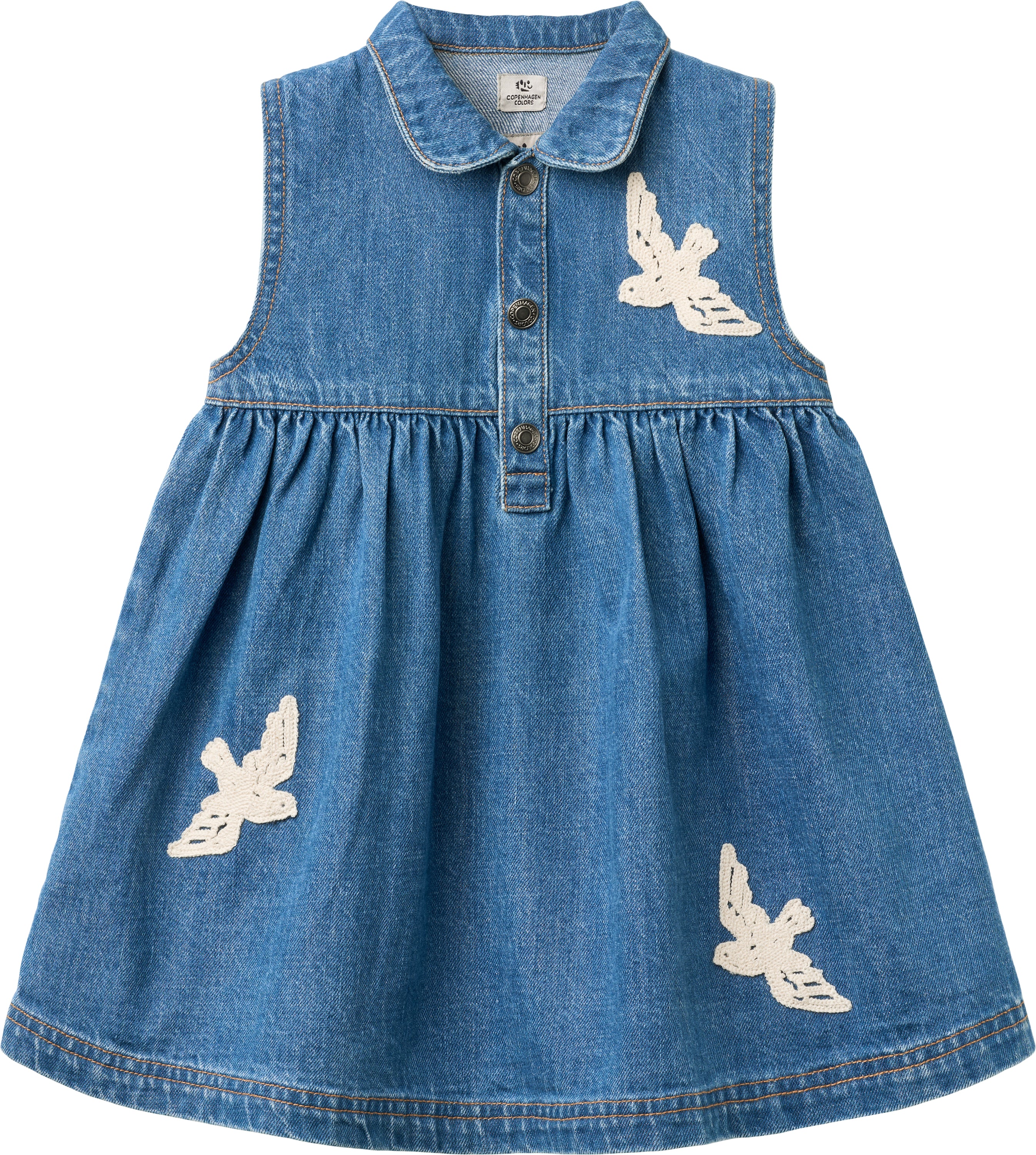 Copenhagen Colors Denim dress blue with crochet doves