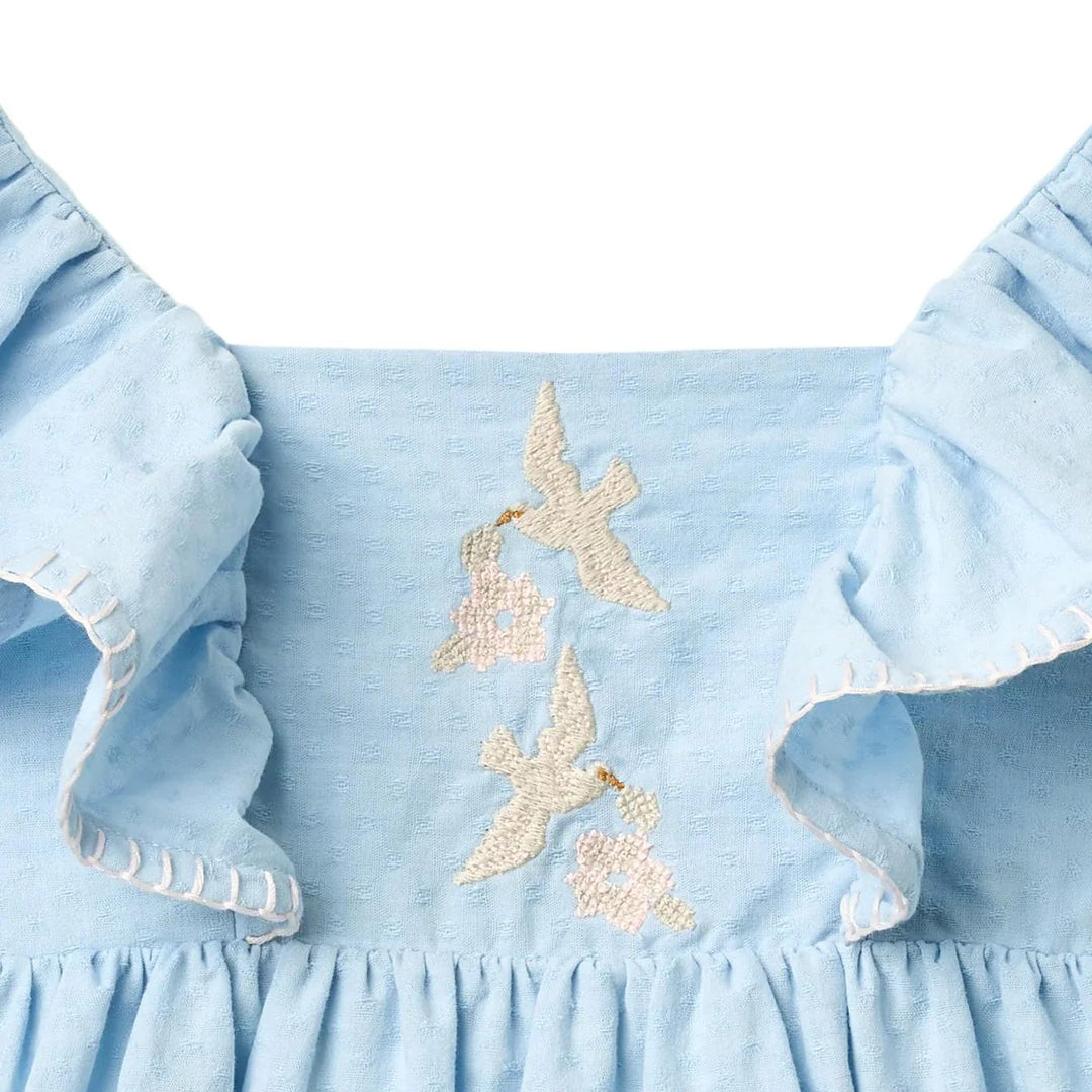 copenhagen colors geborduurde jurk met vogels blauw